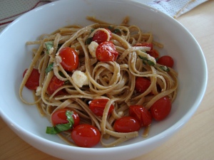 Finished Dish: Pasta with Garlic, Tomatoes, and Feta